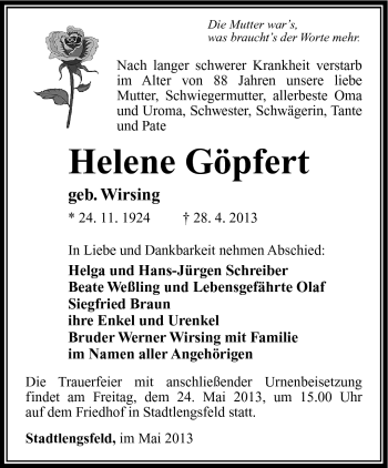 Traueranzeige von Helene Göpfert von Südthüringer Presse