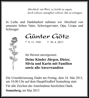Traueranzeige von Günter Götz von Südthüringer Presse