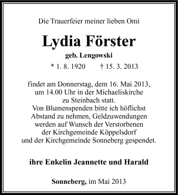 Traueranzeige von Lydia Förster von Südthüringer Presse