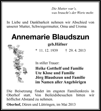 Traueranzeige von Annemarie Blaudszun von Südthüringer Presse