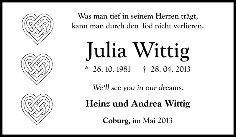  Traueranzeige für Julia Wittig vom 06.05.2013 aus Neue Presse Coburg