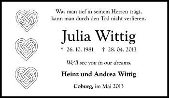 Traueranzeige von Julia Wittig von Neue Presse Coburg