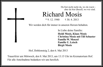 Traueranzeige von Richard Mosis von Frankenpost