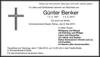 Traueranzeige von Günter Benker von Frankenpost
