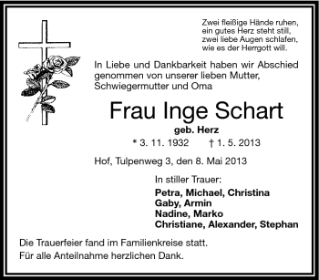 Traueranzeige von Inge Schart von Frankenpost
