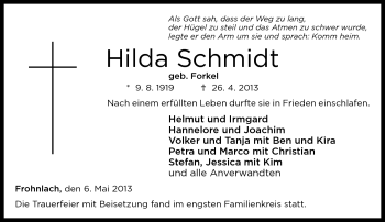 Traueranzeige von Hilda Schmidt von Neue Presse Coburg