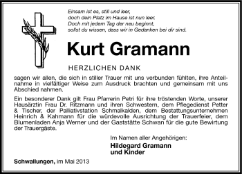 Traueranzeige von Kurt Gramann von Südthüringer Presse