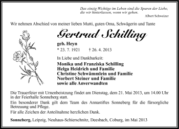 Traueranzeige von Gertrud Schilling von Südthüringer Presse