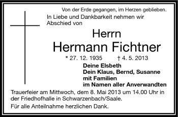 Traueranzeige von Hermann Fichtner von Frankenpost