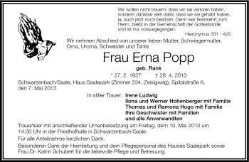 Traueranzeige von Ern Popp von Frankenpost