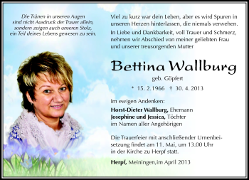 Traueranzeige von Bettina Wallburg von Südthüringer Presse