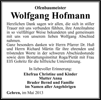 Traueranzeige von Wolfgang Hofmann von Südthüringer Presse