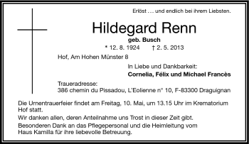 Traueranzeige von Hildegard Renn von Frankenpost