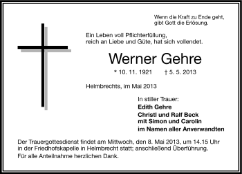 Traueranzeige von Werner Gehre von Frankenpost