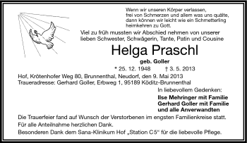 Traueranzeige von Helga Praschl von Frankenpost