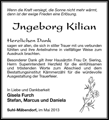 Traueranzeige von Ingeborg Kilian von Südthüringer Presse