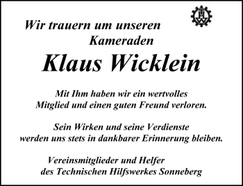 Traueranzeige von Klaus Wicklein von Südthüringer Presse