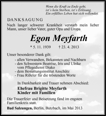 Traueranzeige von Egon Meyfarth von Südthüringer Presse