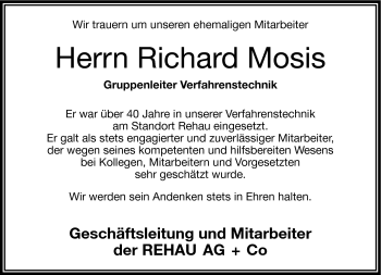 Traueranzeige von Richard Mosis von Frankenpost