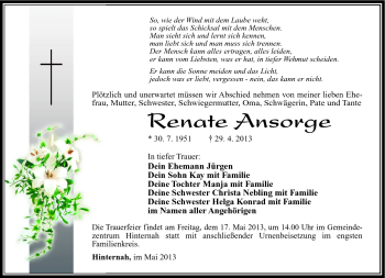 Traueranzeige von Renate Ansorge von Südthüringer Presse