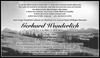 Traueranzeige von Gerhard Wunderlich von Südthüringer Presse