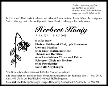 Traueranzeige von Herbert König von Südthüringer Presse