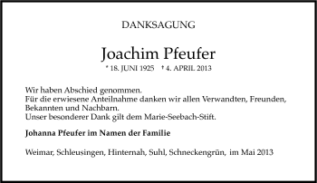 Traueranzeige von Joachim Pfeufer von Südthüringer Presse