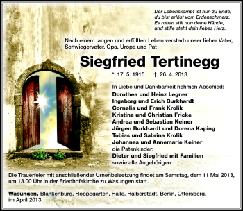 Traueranzeige von Siegfried Tertinegg von Südthüringer Presse