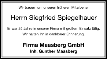 Traueranzeige von Siegfried Spiegelhauer von Frankenpost