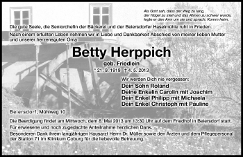 Traueranzeige von Betty Herppich von Neue Presse Coburg
