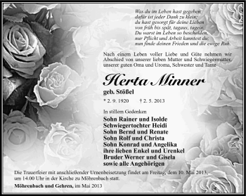 Traueranzeige von Herta Minner von Südthüringer Presse