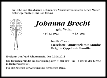 Traueranzeige von Johanna Brecht von Neue Presse Coburg