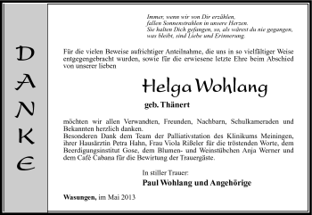 Traueranzeige von Helga Wohlang von Südthüringer Presse