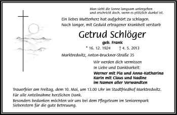 Traueranzeige von Gertrud Schlöger von Frankenpost