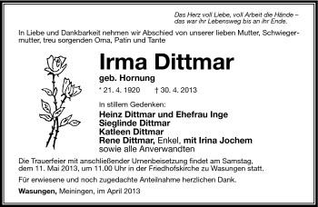 Traueranzeige von Irma Dittmar von Südthüringer Presse