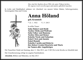 Traueranzeige von Anna Höland von Südthüringer Presse