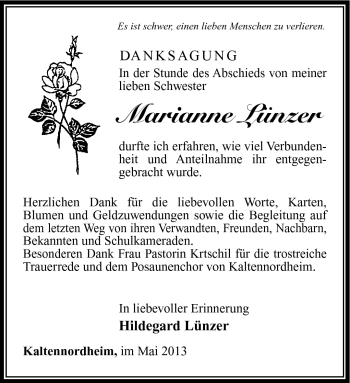 Traueranzeige von Marianne Lünzer von Südthüringer Presse