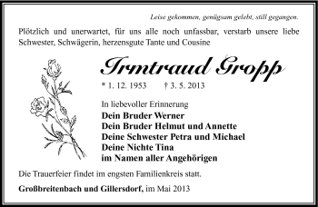 Traueranzeige von Irmtraud Gropp von Südthüringer Presse