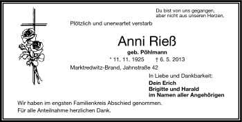 Traueranzeige von Anni Rieß von Frankenpost
