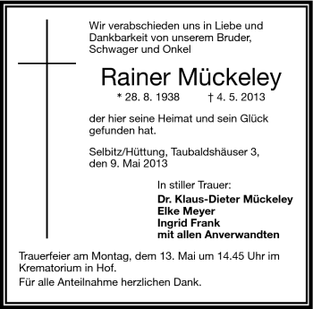 Traueranzeige von Rainer Mückeley von Frankenpost