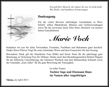 Traueranzeige von Marie Vock von Südthüringer Presse