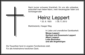Traueranzeige von Heinz Leppert von Frankenpost