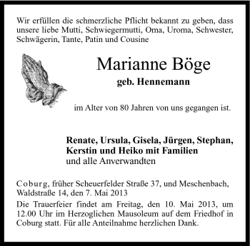 Traueranzeige von Marianne Böge von Neue Presse Coburg