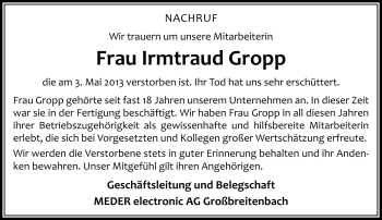 Traueranzeige von Irmtraud Gropp von Südthüringer Presse