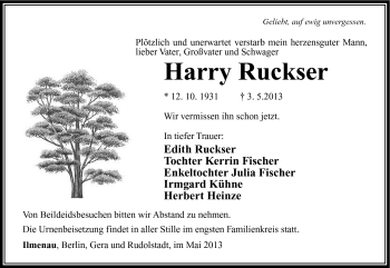 Traueranzeige von Harry Ruckser von Südthüringer Presse