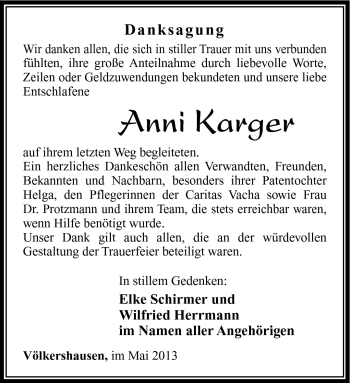 Traueranzeige von Anni Karger von Südthüringer Presse