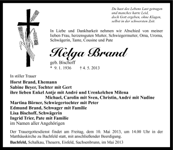 Traueranzeige von Helga Brand von Südthüringer Presse