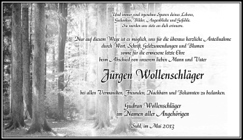 Traueranzeige von Jürgen Wollenschläger von Südthüringer Presse