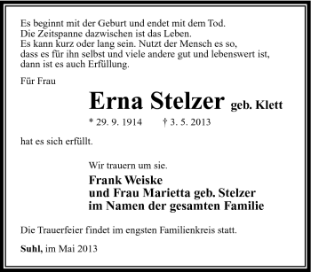 Traueranzeige von Erna Stelzer von Südthüringer Presse
