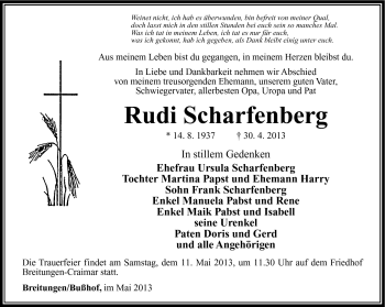 Traueranzeige von Rudi Scharfenberg von Südthüringer Presse